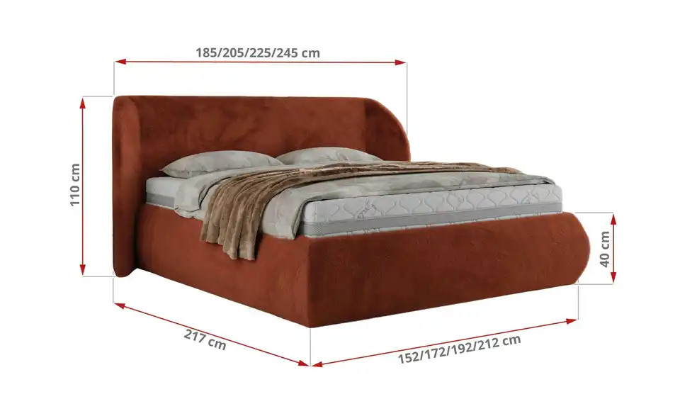 Polsterbett Caela Classic mit Bettkasten, Bemaßung