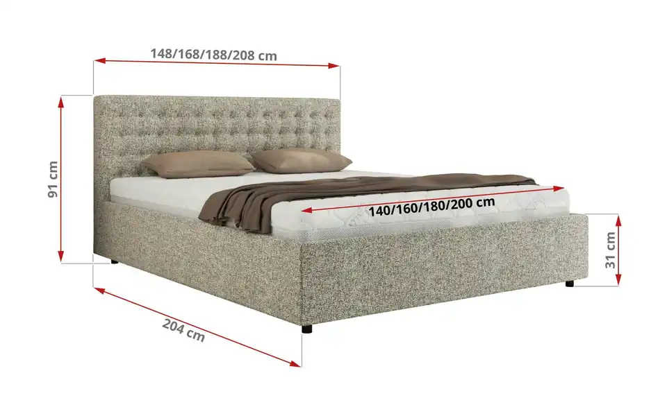 Polsterbett 160x200 Beige Pavo Classic mit Bettkasten, Bemaßung