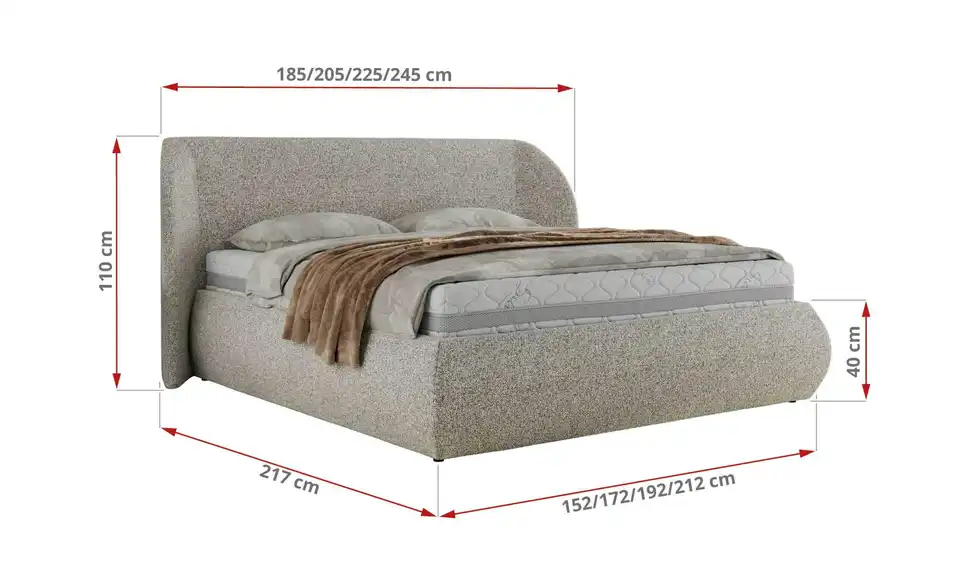Polsterbett Caela Classic mit Bettkasten, Bemaßung