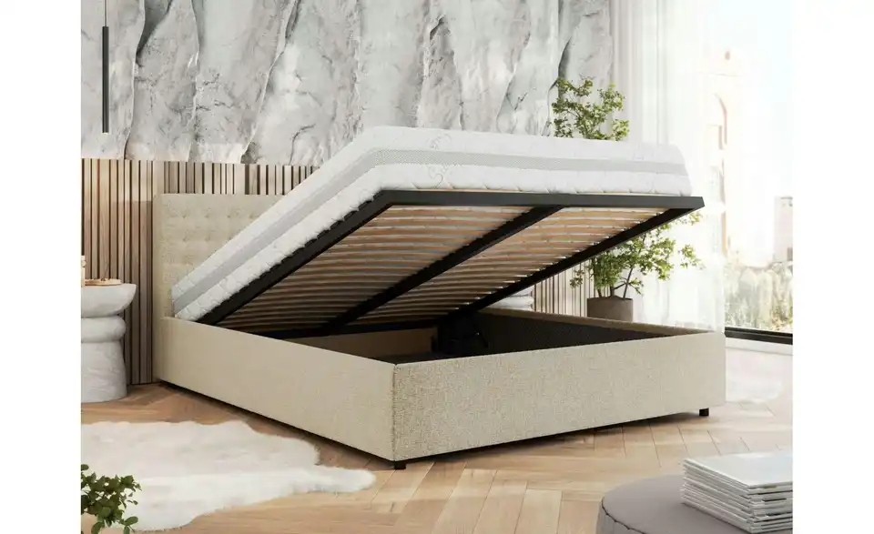 Polsterbett 200x200 Creme Pavo Classic mit Bettkasten, in Wohnsituation