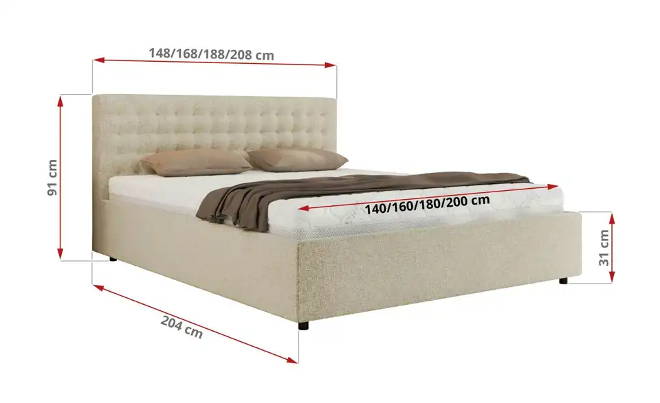 Polsterbett 200x200 Creme Pavo Classic mit Bettkasten, Bemaßung