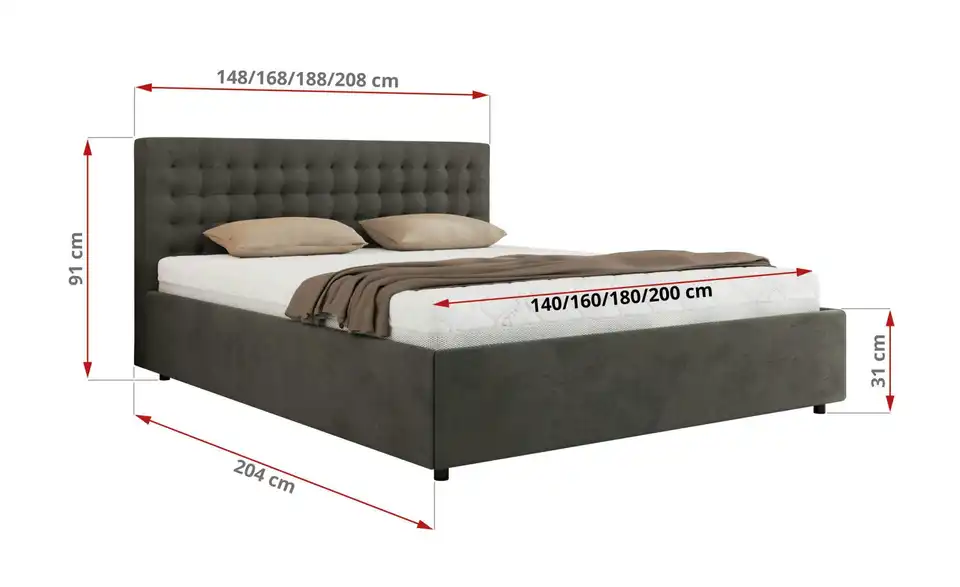 Polsterbett 180x200 Grau Pavo Classic mit Bettkasten, Bemaßung