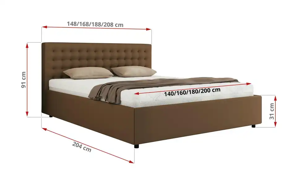 Polsterbett 180x200 Braun Pavo Classic mit Bettkasten, Bemaßung