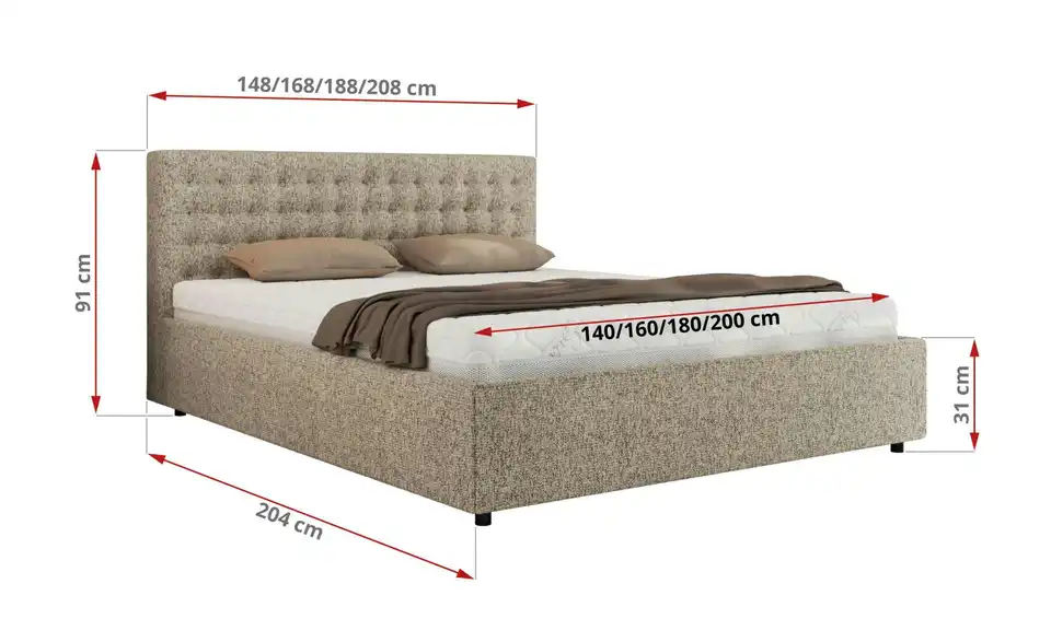 Polsterbett 180x200 Beige Pavo Classic mit Bettkasten, Bemaßung