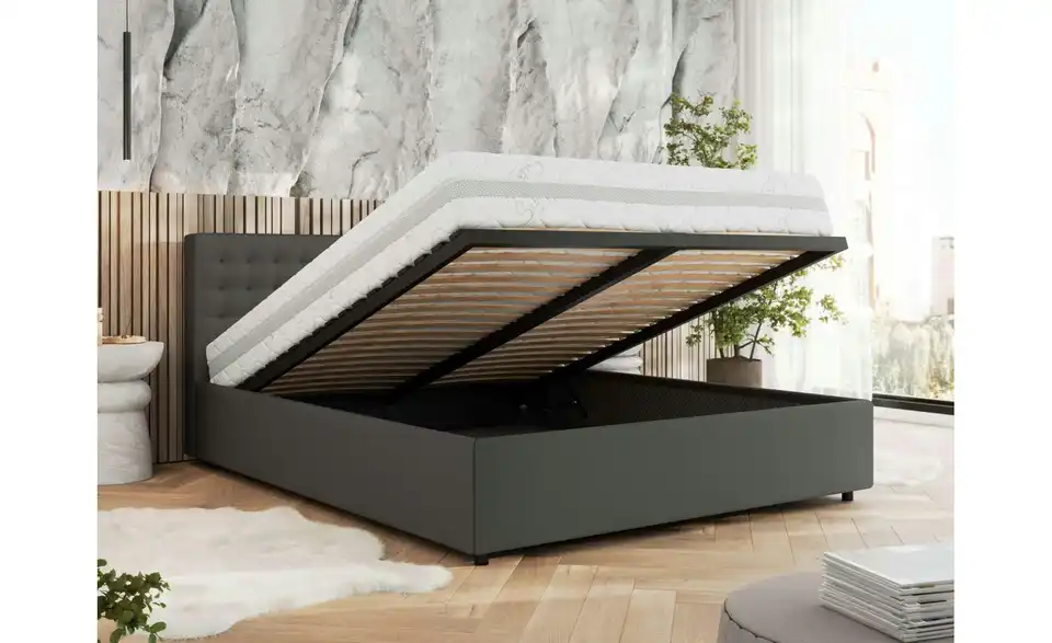 Polsterbett 140x200 Grau Pavo Classic mit Bettkasten, in Wohnsituation