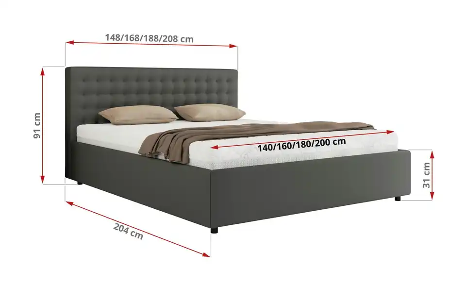 Polsterbett 140x200 Grau Pavo Classic mit Bettkasten, Bemaßung