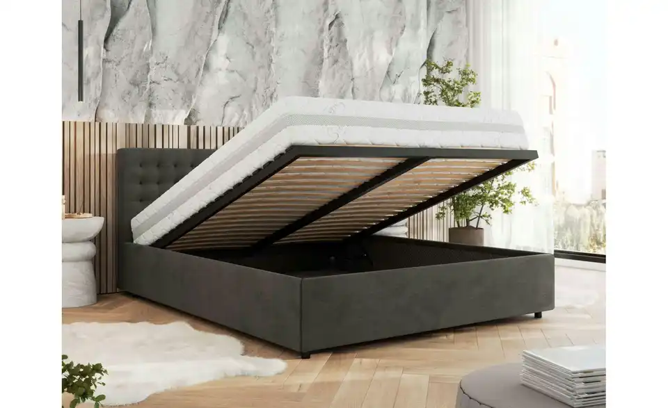 Polsterbett 200x200 Grau Pavo Classic mit Bettkasten, in Wohnsituation