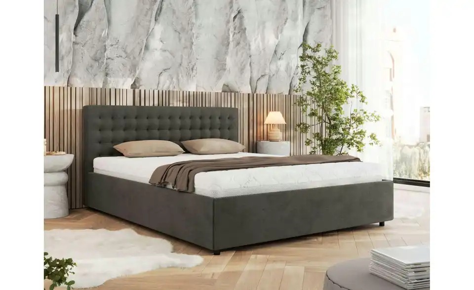 Polsterbett 200x200 Grau Pavo Classic mit Bettkasten, in Wohnsituation