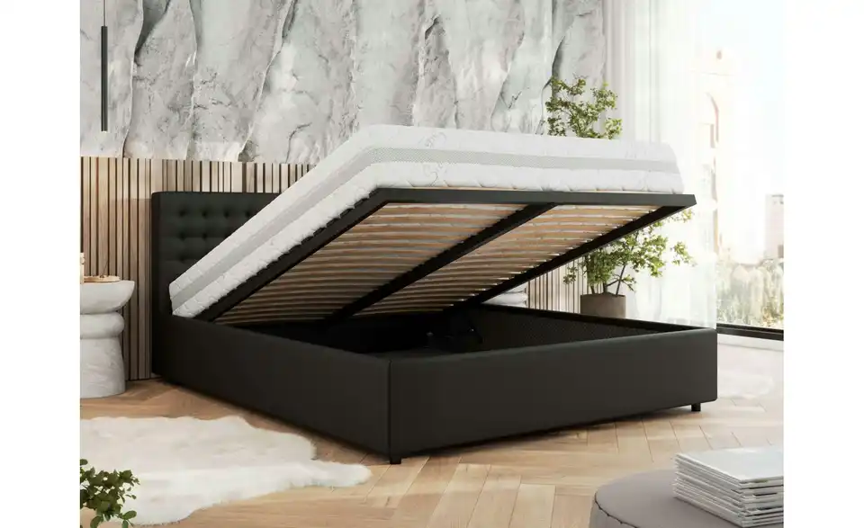 Polsterbett 160x200 Schwarz Pavo Classic mit Bettkasten, in Wohnsituation