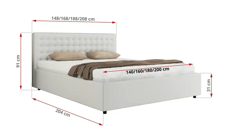 Polsterbett 160x200 Weiß Pavo Classic mit Bettkasten, Bemaßung
