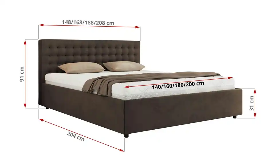 Polsterbett 180x200 Braun Pavo Classic mit Bettkasten, Bemaßung