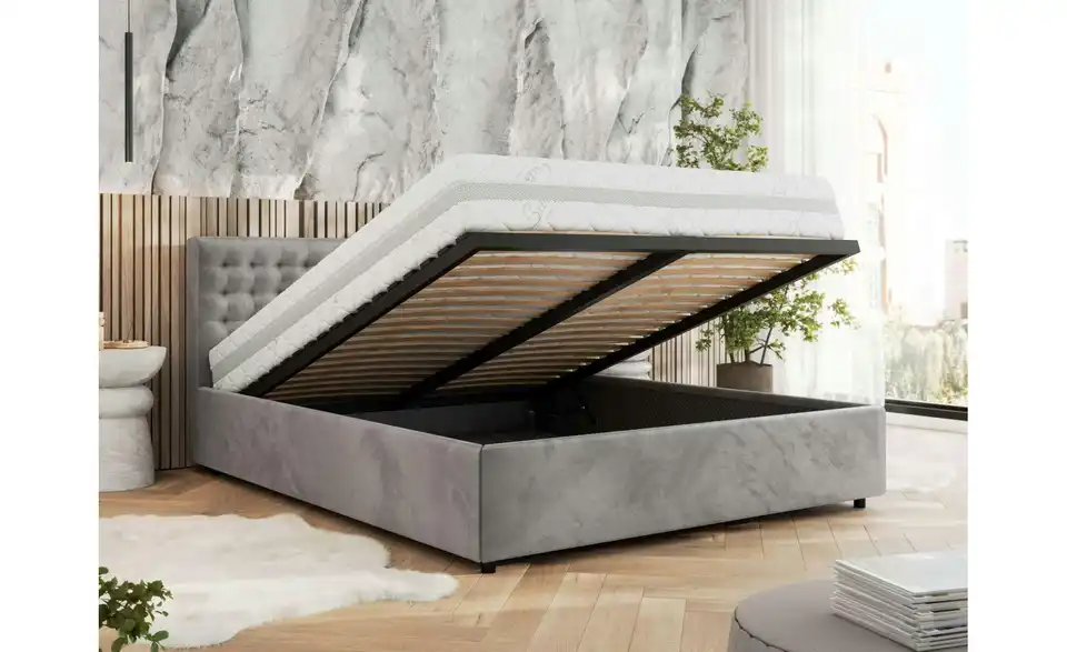 Polsterbett 160x200 Hellgrau Pavo Classic mit Bettkasten, in Wohnsituation