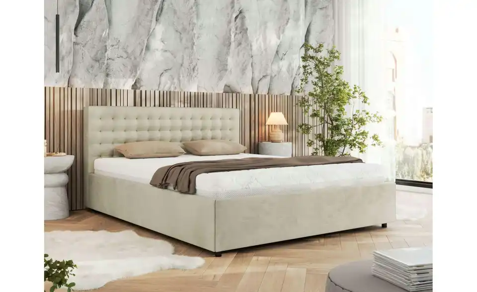 Polsterbett 200x200 Beige Pavo Classic mit Bettkasten, in Wohnsituation