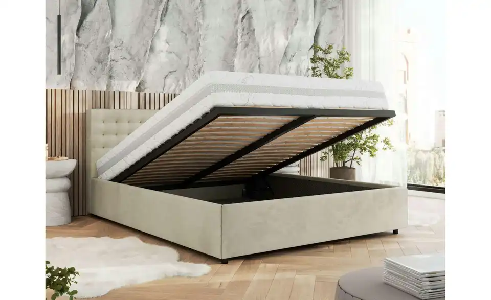 Polsterbett 200x200 Beige Pavo Classic mit Bettkasten, in Wohnsituation