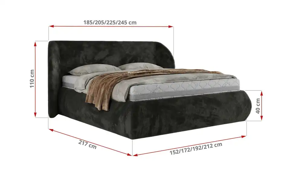 Polsterbett Caela Classic mit Bettkasten, Bemaßung