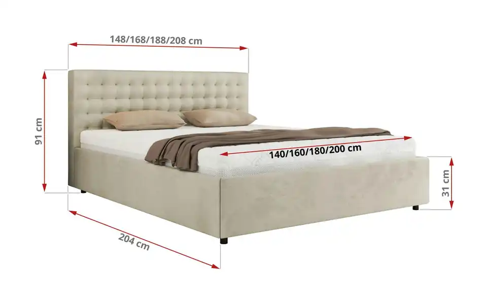 Polsterbett 160x200 Beige Pavo Classic mit Bettkasten, Bemaßung