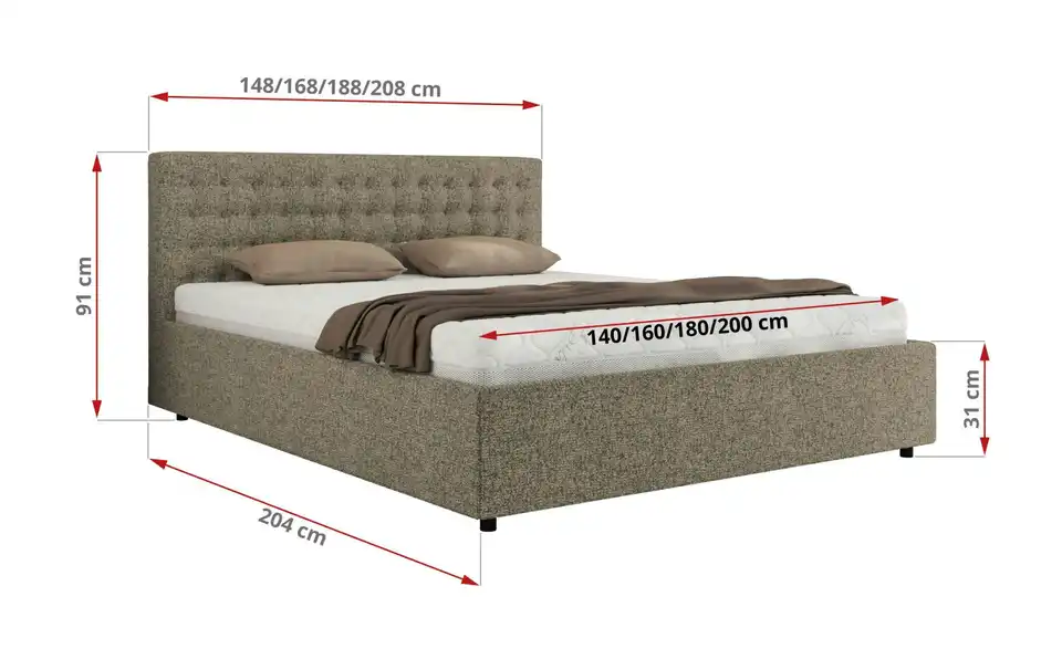 Polsterbett 160x200 Grau Pavo Classic mit Bettkasten, Bemaßung