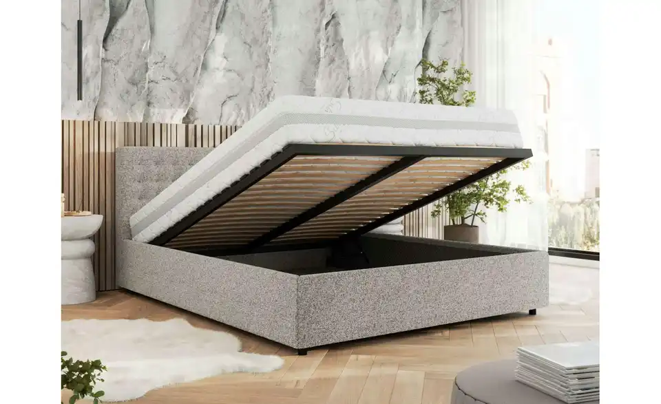 Polsterbett 200x200 Hellgrau Pavo Classic mit Bettkasten, in Wohnsituation