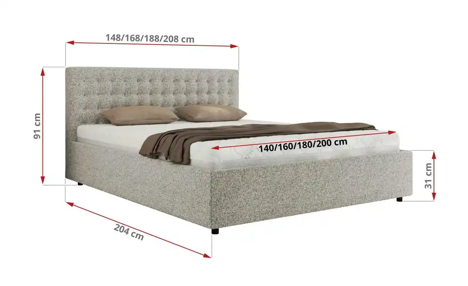 Polsterbett 200x200 Hellgrau Pavo Classic mit Bettkasten, Bemaßung