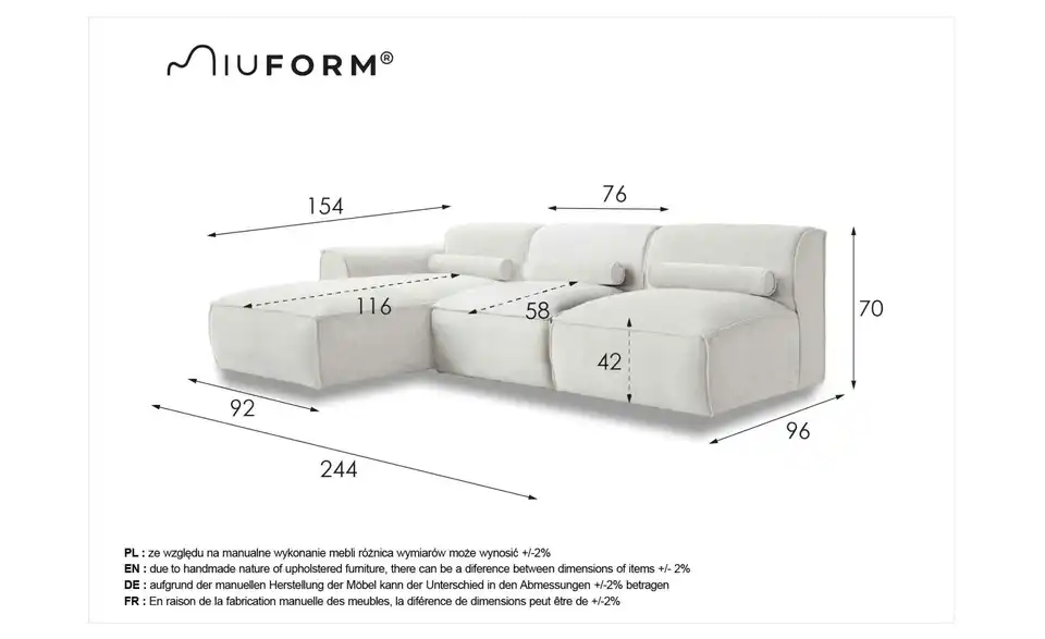 Miuform Ecksofa Flex Felix modular, Bemaßung