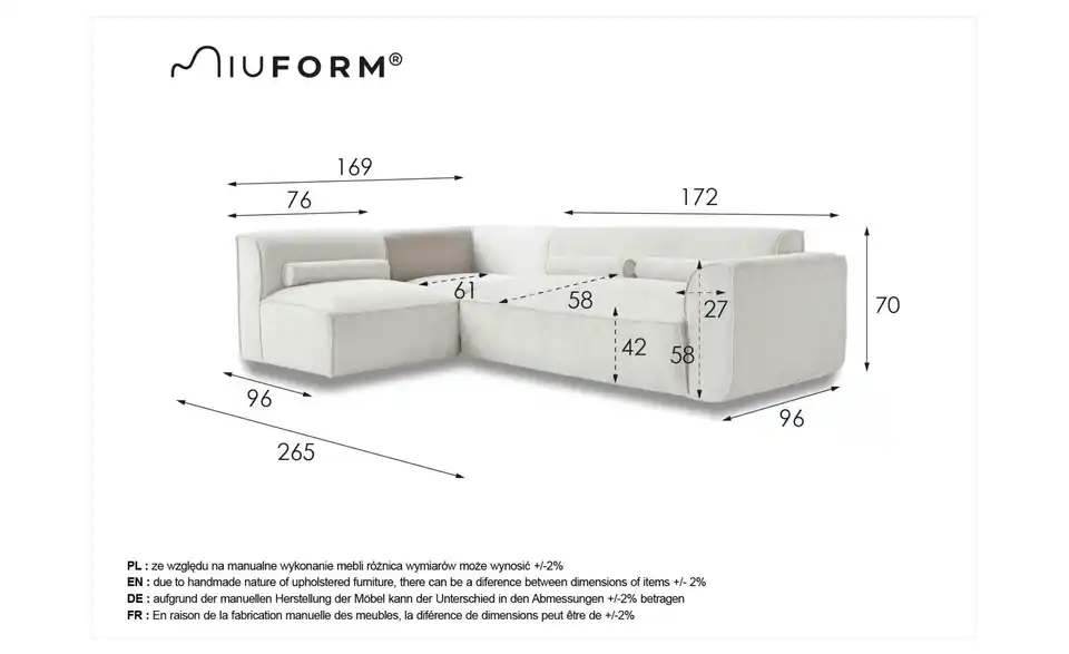 Miuform Ecksofa Flex Felix modular, Bemaßung