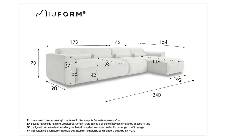 Miuform Ecksofa Flex Felix modular, Bemaßung