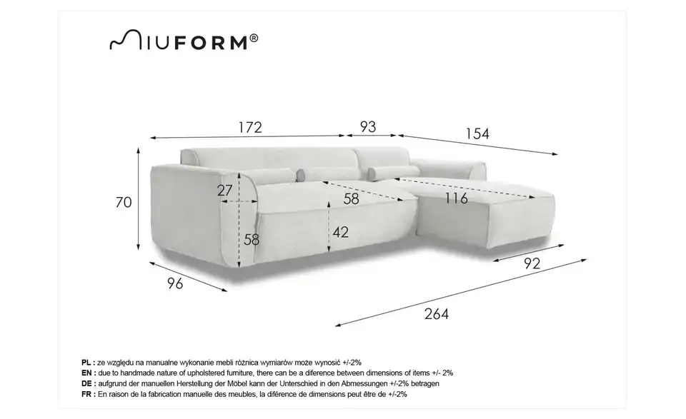 Miuform Ecksofa Flex Felix, Bemaßung