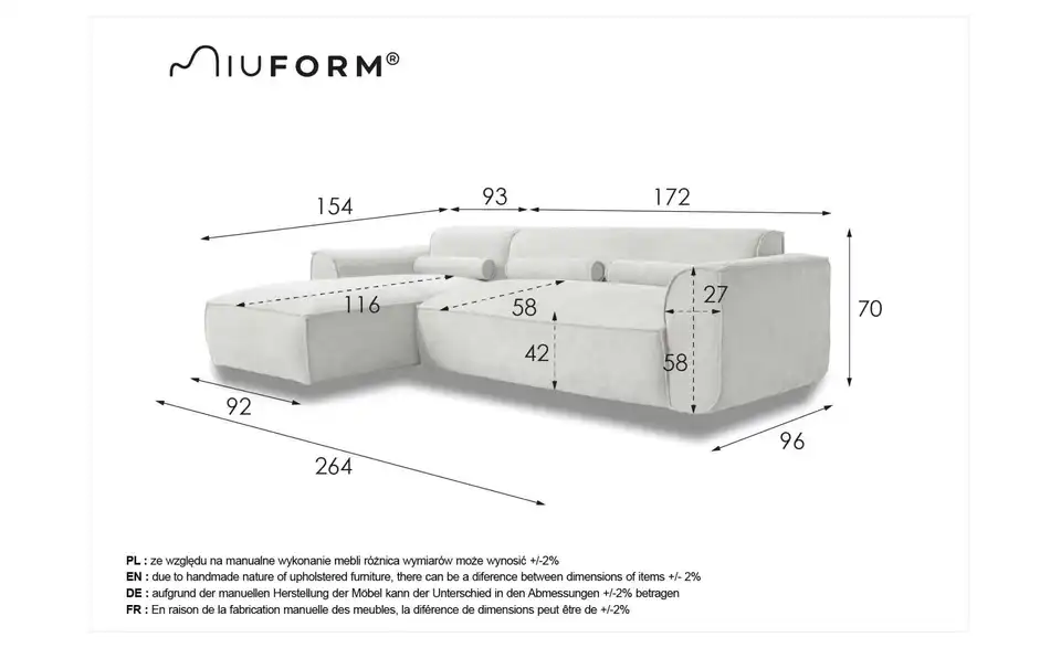 Miuform Ecksofa Flex Felix, Bemaßung