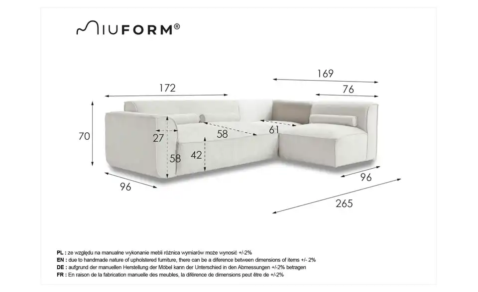 Miuform Ecksofa Flex Felix modular, Bemaßung