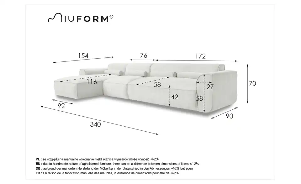 Miuform Ecksofa Flex Felix modular, Bemaßung