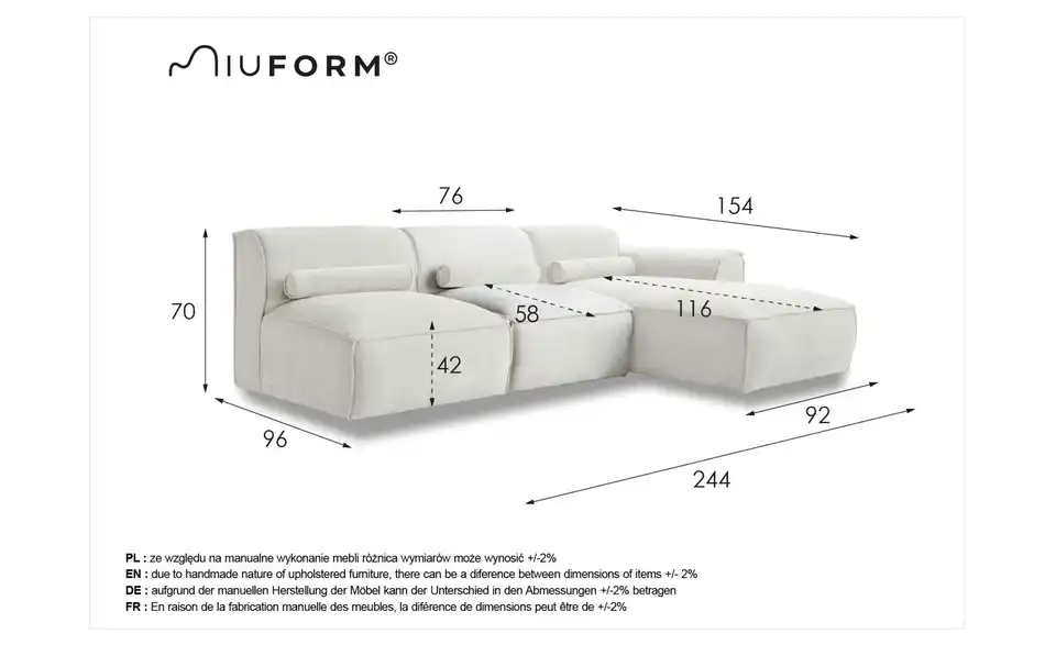 Miuform Ecksofa Flex Felix modular, Bemaßung