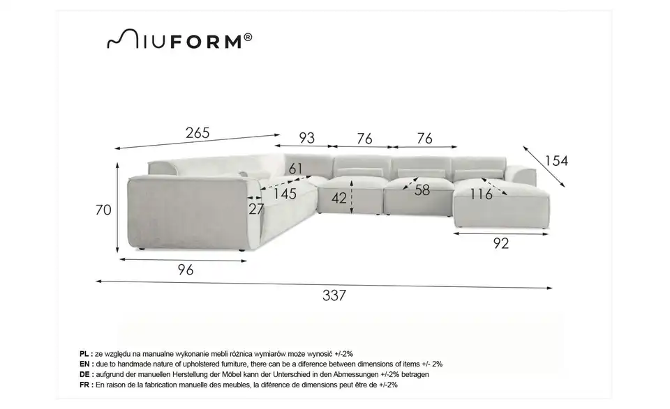 Miuform Wohnlandschaft Flex Felix modular, Bemaßung