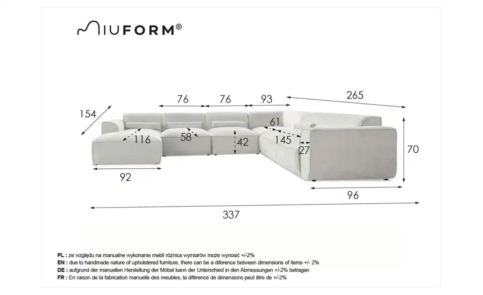 Miuform Wohnlandschaft Flex Felix modular, Bemaßung