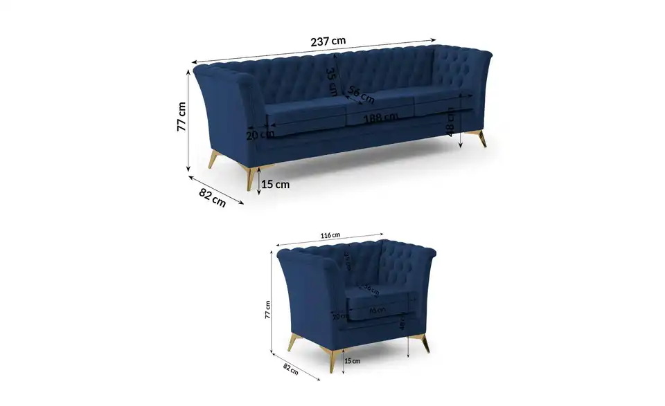 Chesterfield Polstergarnitur 3+1 Wilhelm, Bemaßung