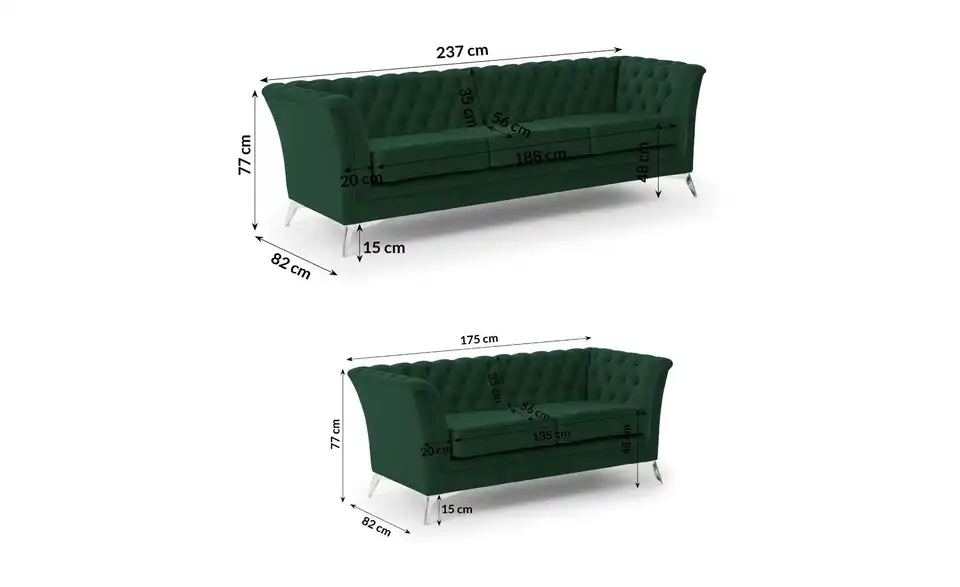 Chesterfield Polstergarnitur 3+2 Wilhelm, Bemaßung