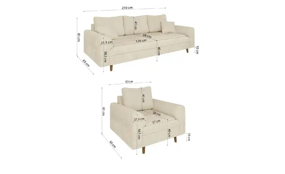 Polstergarnitur 3+1 Trygve, Bemaßung