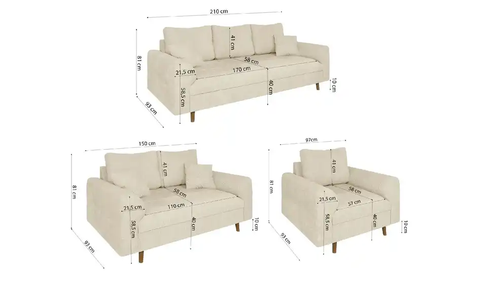 Polstergarnitur 3+2+1 Trygve, Bemaßung