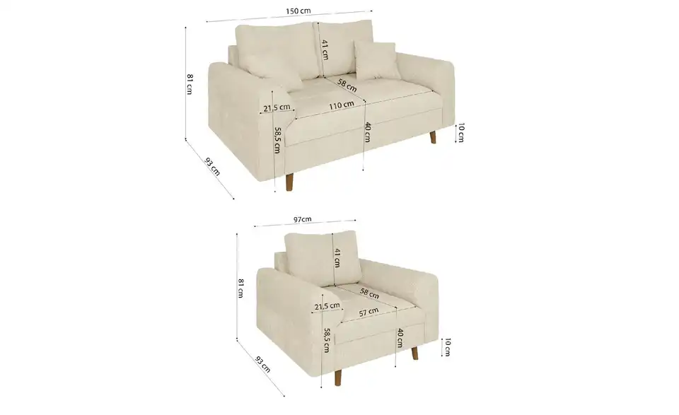 Polstergarnitur 2+1 Trygve, Bemaßung