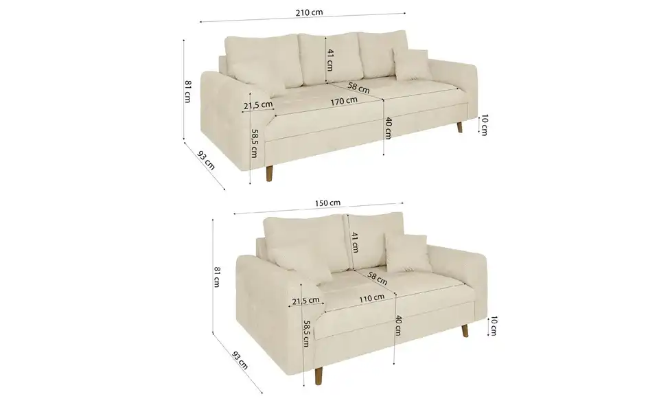 Polstergarnitur 3+2 Trygve, Bemaßung