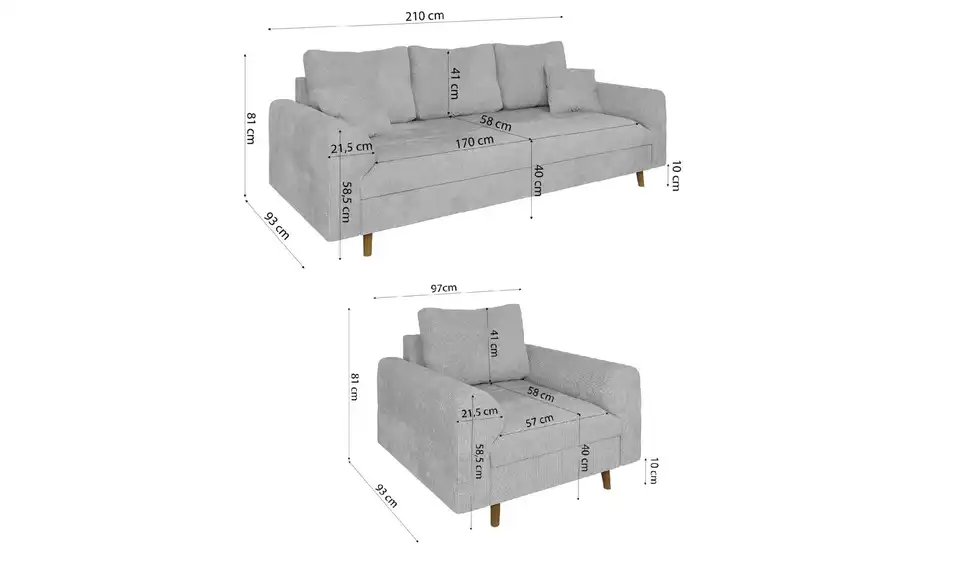 Polstergarnitur 3+1, Bemaßung
