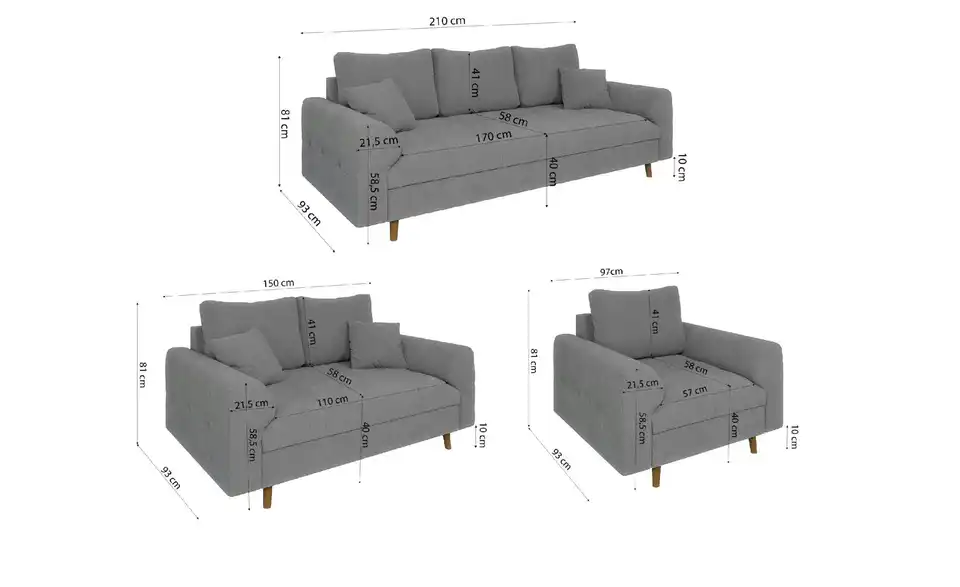 S-STYLE Polstergarnitur 3+2+1 Lars, Bemaßung