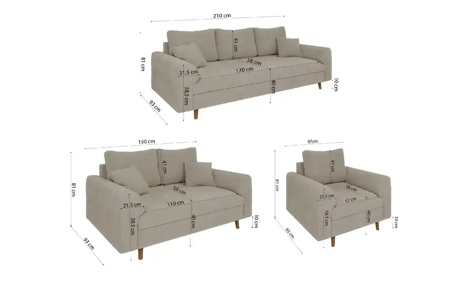 Polstergarnitur 3+2+1, Bemaßung