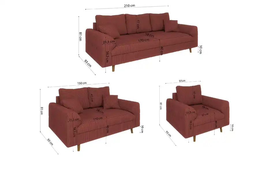 S-STYLE Polstergarnitur 3+2+1 Maya, Bemaßung