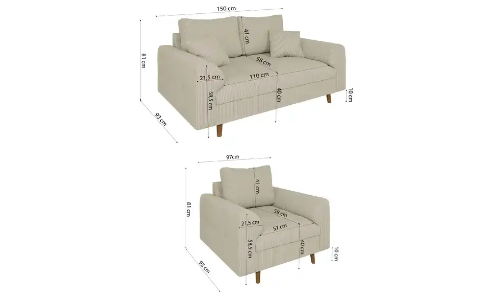 Polstergarnitur 2+1, Bemaßung