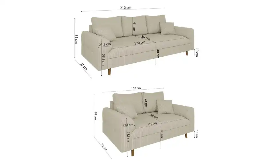 Polstergarnitur 3+2, Bemaßung