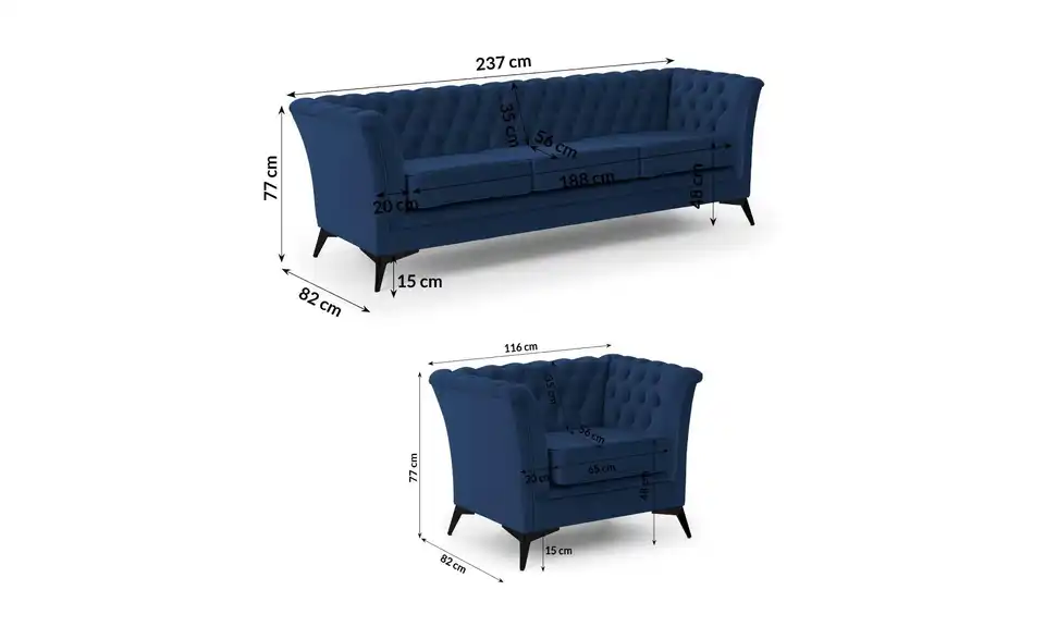 Chesterfield Polstergarnitur 3+1 Wilhelm, Bemaßung