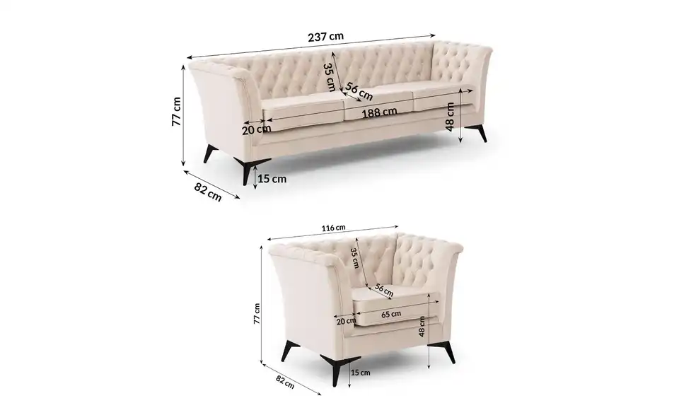 Chesterfield Polstergarnitur 3+1 Wilhelm, Bemaßung