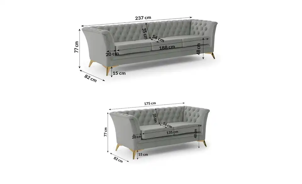 Chesterfield Polstergarnitur 3+2 Wilhelm, Bemaßung