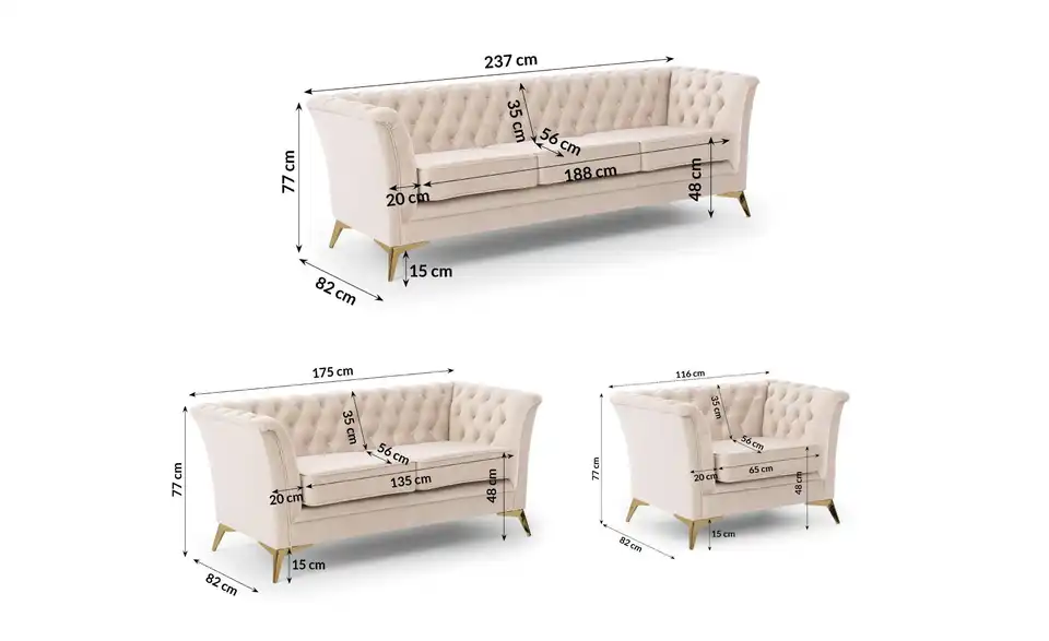 Chesterfield Polstergarnitur 3+2+1 Wilhelm, Bemaßung