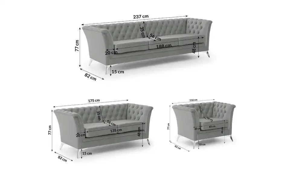 Polstergarnitur 3+2+1, Bemaßung